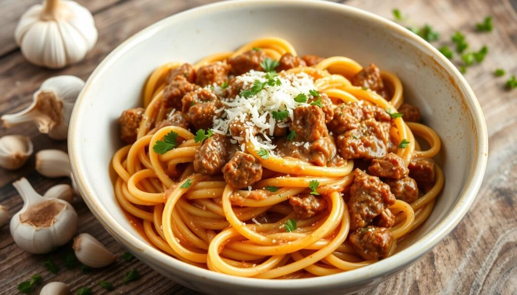 Creamy Garlic Beef Pasta