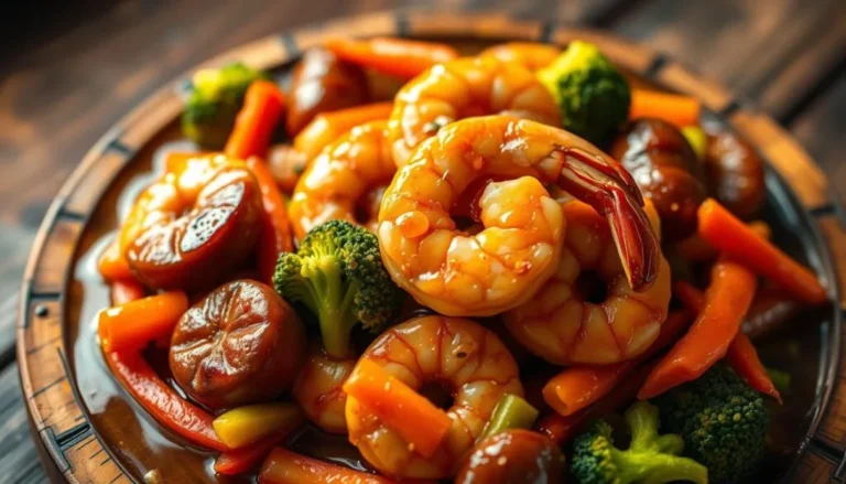 A delicious plate of honey garlic shrimp with sausage and veggies, served in a skillet.