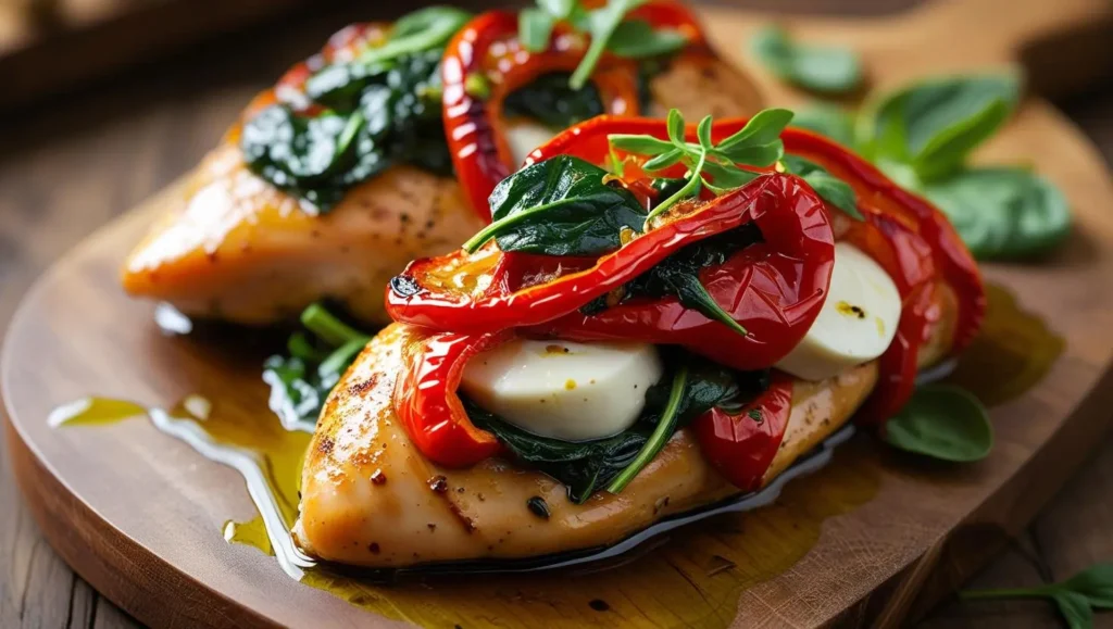 Roasted Red Pepper, Spinach, and Mozzarella Stuffed Chicken Roasted Red Pepper, Spinach, and Mozzarella Stuffed Chicken