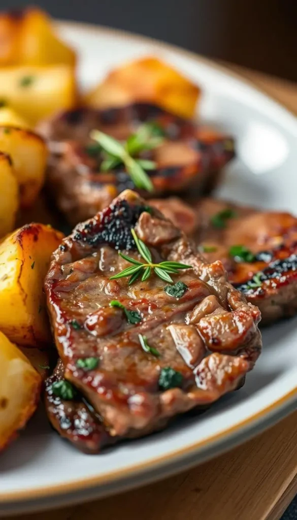 garlicsteak bites and potatoes