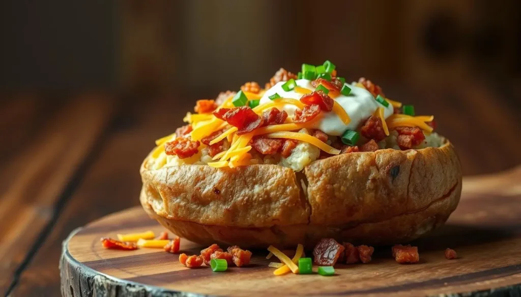 loaded baked potato with meat