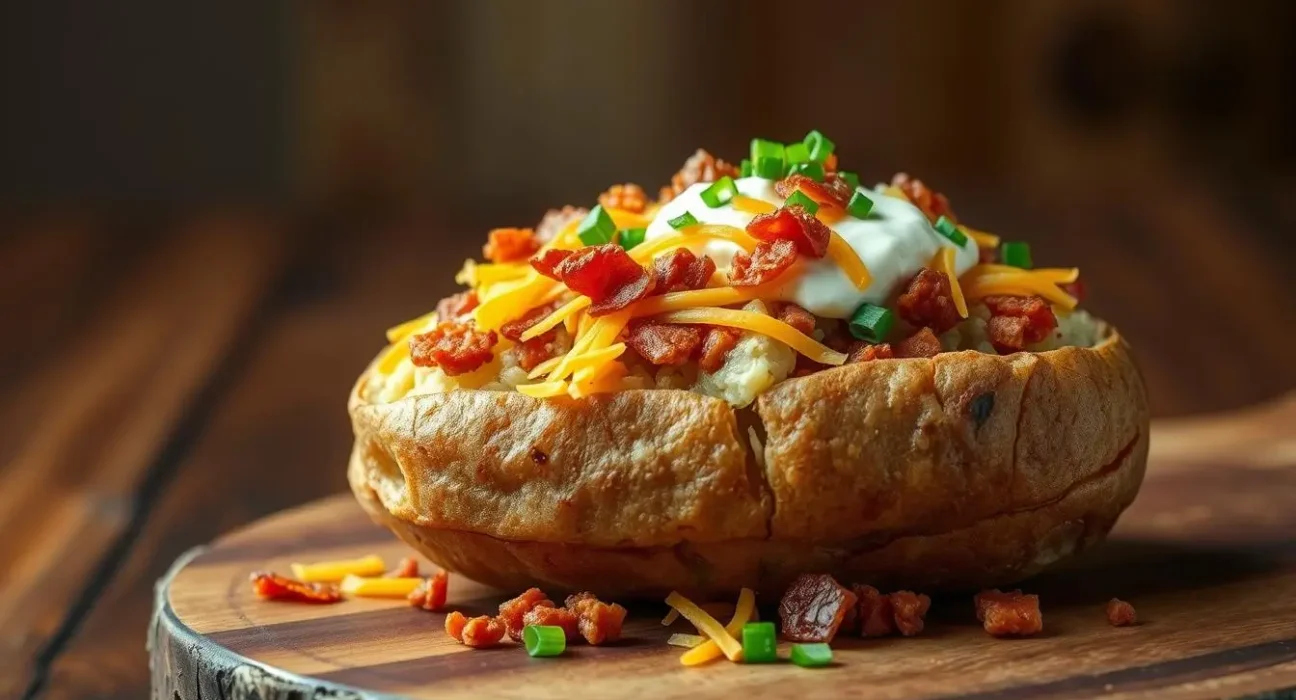 loaded baked potato with meat