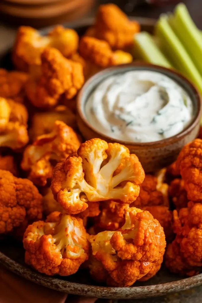 Air fryer buffalo cauliflower with skinny yogurt ranch