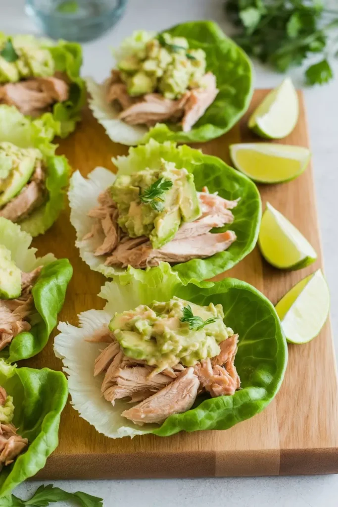Rotisserie chicken lettuce cups with avocado lime slaw