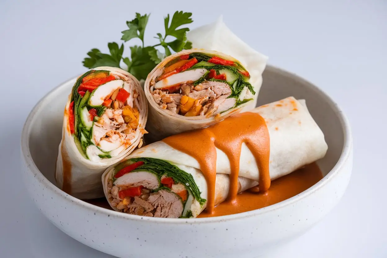 Thai chicken wraps with spicy peanut sauce