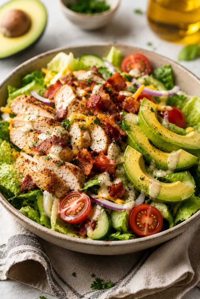 So you want something healthy, filling, low-carb, and fast enough to make before you emotionally commit to ordering takeout again? Excellent. This keto chicken bacon avocado salad understands your priorities. It’s loaded with juicy chicken, crispy bacon, creamy avocado, crunchy veggies, and enough flavor to make boring salads cry quietly in the corner. Honestly, calling this a “salad” almost feels misleading. This thing eats like a full meal. A satisfying, protein-packed, bacon-filled meal. Which, coincidentally, happens to fit perfectly into your keto lifestyle. Plus, it comes together quickly with minimal cooking, meaning you spend less time in the kitchen and more time pretending you totally have your life together. Why This Recipe is Awesome This salad somehow manages to feel healthy and indulgent at the same time. The avocado brings creamy richness, the bacon adds smoky crunch, and the chicken keeps everything hearty enough to actually fill you up. No sad leafy nonsense here. It’s also ridiculously easy to customize. Toss in whatever keto-friendly toppings you love and suddenly you’re basically a salad architect. Even people who claim they “don’t like salads” suddenly become suspiciously interested once bacon enters the conversation. Funny how that works. Keto chicken bacon avocado salad Ingredients You'll Need 2 cooked chicken breasts, sliced or diced — juicy protein doing the heavy lifting 6 slices bacon, crispy and chopped — because bacon improves morale instantly 2 ripe avocados, diced — creamy green perfection with commitment issues 4 cups romaine lettuce — crunchy leafy base trying its absolute best 1 cup cherry tomatoes, halved — tiny flavor bombs pretending to be innocent ½ cucumber, sliced — fresh crunch without unnecessary drama ¼ red onion, thinly sliced — sharp little flavor ninjas ½ cup shredded cheddar cheese — technically optional, emotionally necessary 2 tablespoons olive oil — smooth, rich, keto-approved goodness 1 tablespoon lemon juice — keeps avocado from turning sad and brown Salt and black pepper — basic, essential, underappreciated Ranch or avocado dressing — choose your creamy destiny wisely Keto chicken bacon avocado salad ingrédients Step-by-Step Instructions Cook the bacon until crispy. Drain it on paper towels and try not to eat half of it immediately. Self-control matters here. Slightly. Slice or dice the cooked chicken. Warm chicken adds extra flavor and makes the salad feel more like a real meal. Chop the romaine lettuce and place it in a large bowl. Add tomatoes, cucumber, red onion, cheddar cheese, and avocado. Toss the chicken and bacon into the bowl. Suddenly this salad starts looking dramatically more exciting. Drizzle olive oil and lemon juice over everything. Add your dressing and toss gently so the avocado doesn’t turn into accidental guacamole. Season with salt and black pepper. Taste and adjust because bland salad feels deeply disrespectful. Serve immediately while the bacon stays crispy and your confidence remains high. Common Mistakes to Avoid Using underripe avocados — congratulations, now you’re chewing green rocks. Overdressing the salad until it resembles soup. Adding hot bacon directly onto lettuce — wilted greens enter the chat fast. Forgetting to season — even salads deserve flavor and emotional support. Using dry chicken — nobody enjoys chewing through sadness. Tossing the avocado too aggressively — smashed avocado belongs on toast, not here. Alternatives & Substitutions Swap chicken breast for grilled chicken thighs if you want extra flavor and juiciness. IMO, thighs win almost every time. Use turkey bacon if regular bacon feels too powerful for your current life choices. Add boiled eggs for even more keto-friendly protein. Replace romaine with spinach or mixed greens if you’re feeling adventurous. Blue cheese crumbles add bold flavor if you enjoy a little chaos in your salad. Use lime juice instead of lemon for a brighter, fresher twist. FYI, spicy ranch dressing turns this salad into an entirely different personality. FAQ Can I make this salad ahead of time? Yes, but keep the avocado and dressing separate until serving unless soggy sadness sounds appealing. Is this salad actually filling? Absolutely. Chicken, bacon, avocado, and cheese don’t exactly believe in tiny portions. What’s the best dressing for keto salads? Ranch, Caesar, avocado dressing, or olive oil vinaigrette all work beautifully. Can I use rotisserie chicken? Of course. Rotisserie chicken exists specifically to make life easier and tastier. How do I keep avocado from turning brown? Lemon juice helps a lot. Also, eat the salad quickly because honestly, that’s the best solution. Can I make this dairy-free? Yep. Skip the cheese and choose a dairy-free dressing. The salad still tastes fantastic. Can I add nuts or seeds? Definitely. Pecans, sunflower seeds, or sliced almonds add extra crunch and keto-friendly fats. Final Thoughts This keto chicken bacon avocado salad proves salads don’t need to feel like punishment disguised as lunch. You get crispy bacon, juicy chicken, creamy avocado, crunchy vegetables, and enough flavor to keep things genuinely exciting. It’s quick, customizable, satisfying, and packed with keto-friendly ingredients that actually leave you full instead of staring longingly at snacks an hour later. Honestly, this salad deserves way more respect than most salads ever get. Now go impress someone—or yourself—with your new culinary skills. You've earned it!