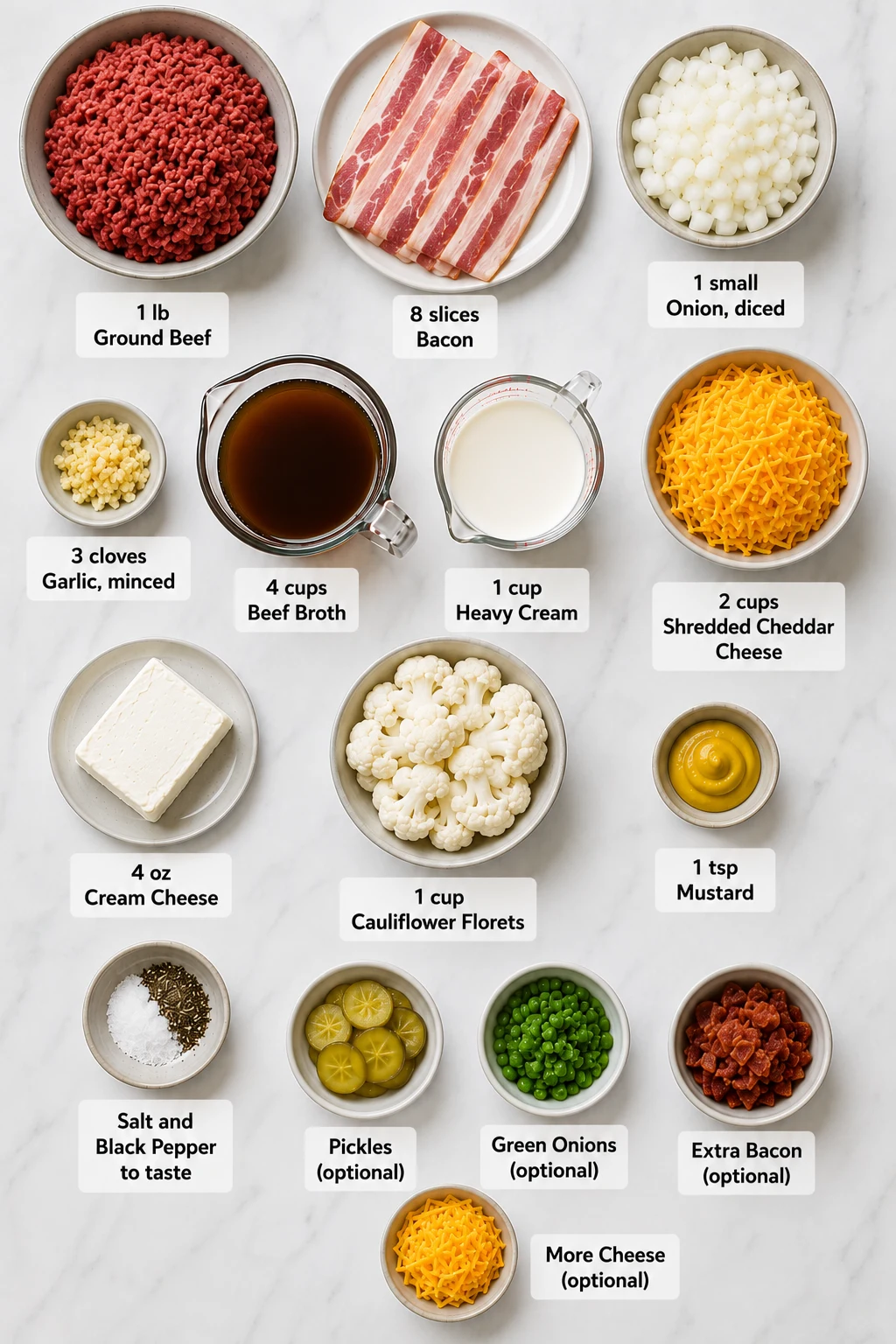 keto cheeseburger soup with bacon ingredients