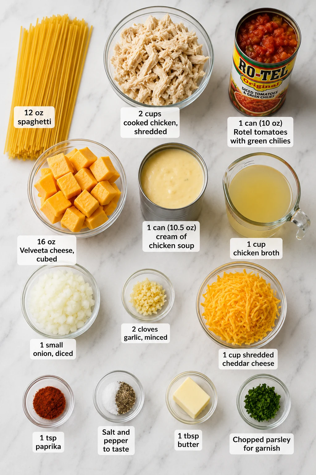 rotel chicken spaghetti velveeta baked ingredients