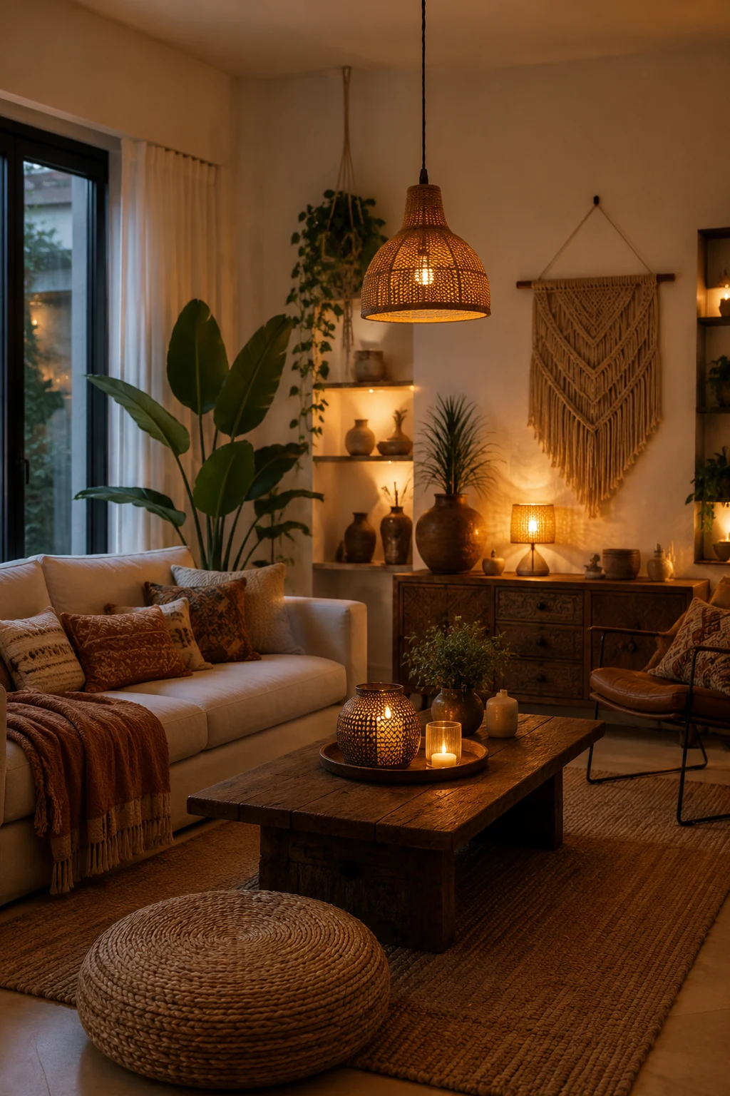Use Warm Lighting Instead of One Bright Ceiling Fixture — boho living room inspiration