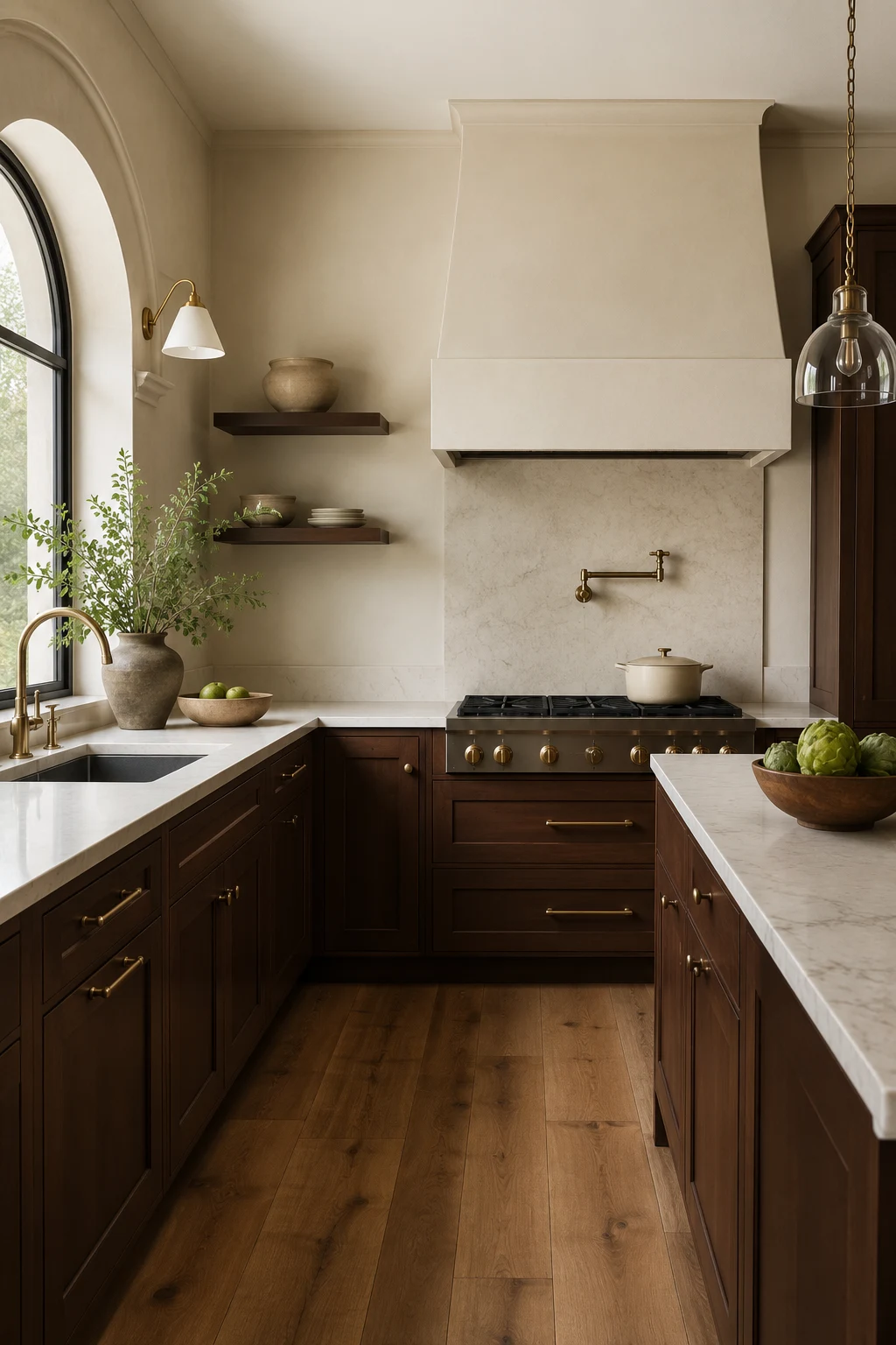 Chocolate Brown Cabinets with Cream Walls — brown kitchen ideas