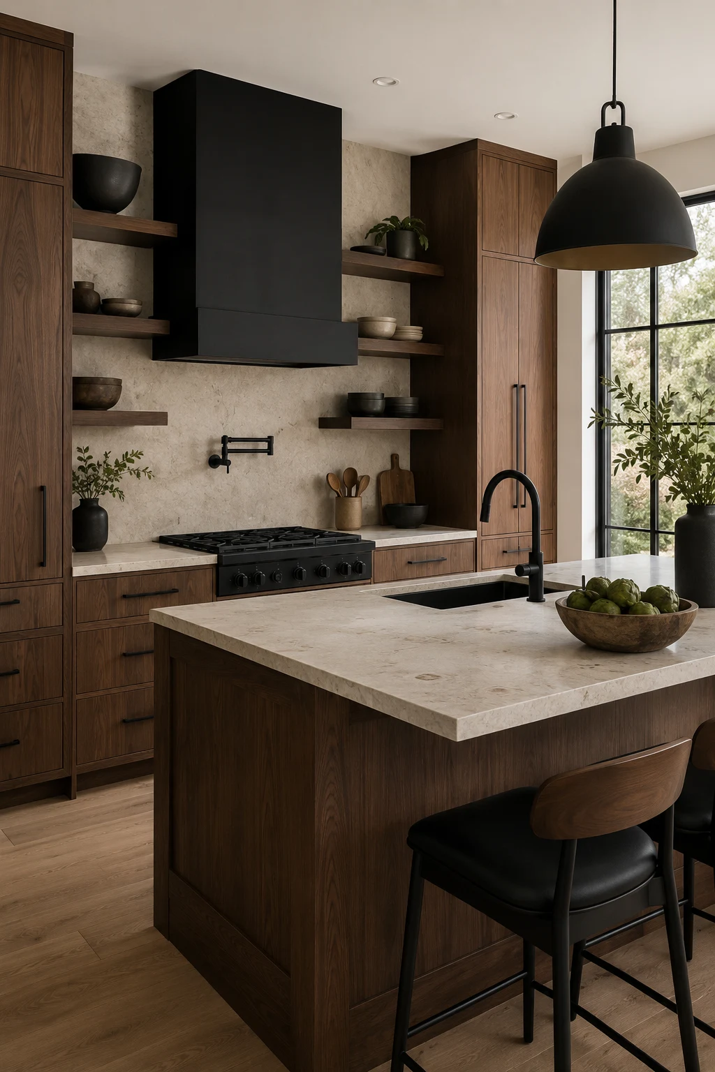Mix Brown Wood with Matte Black Accents — brown kitchen ideas
