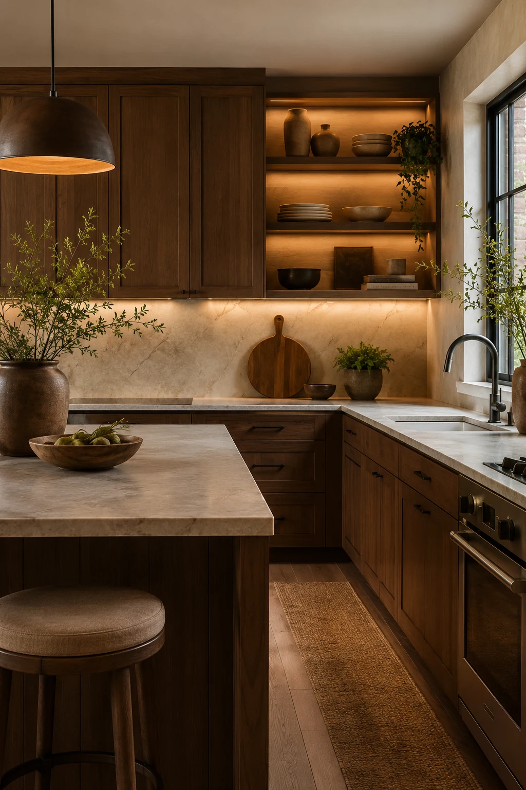 Finish with Warm Lighting and Organic Accessories — brown kitchen ideas