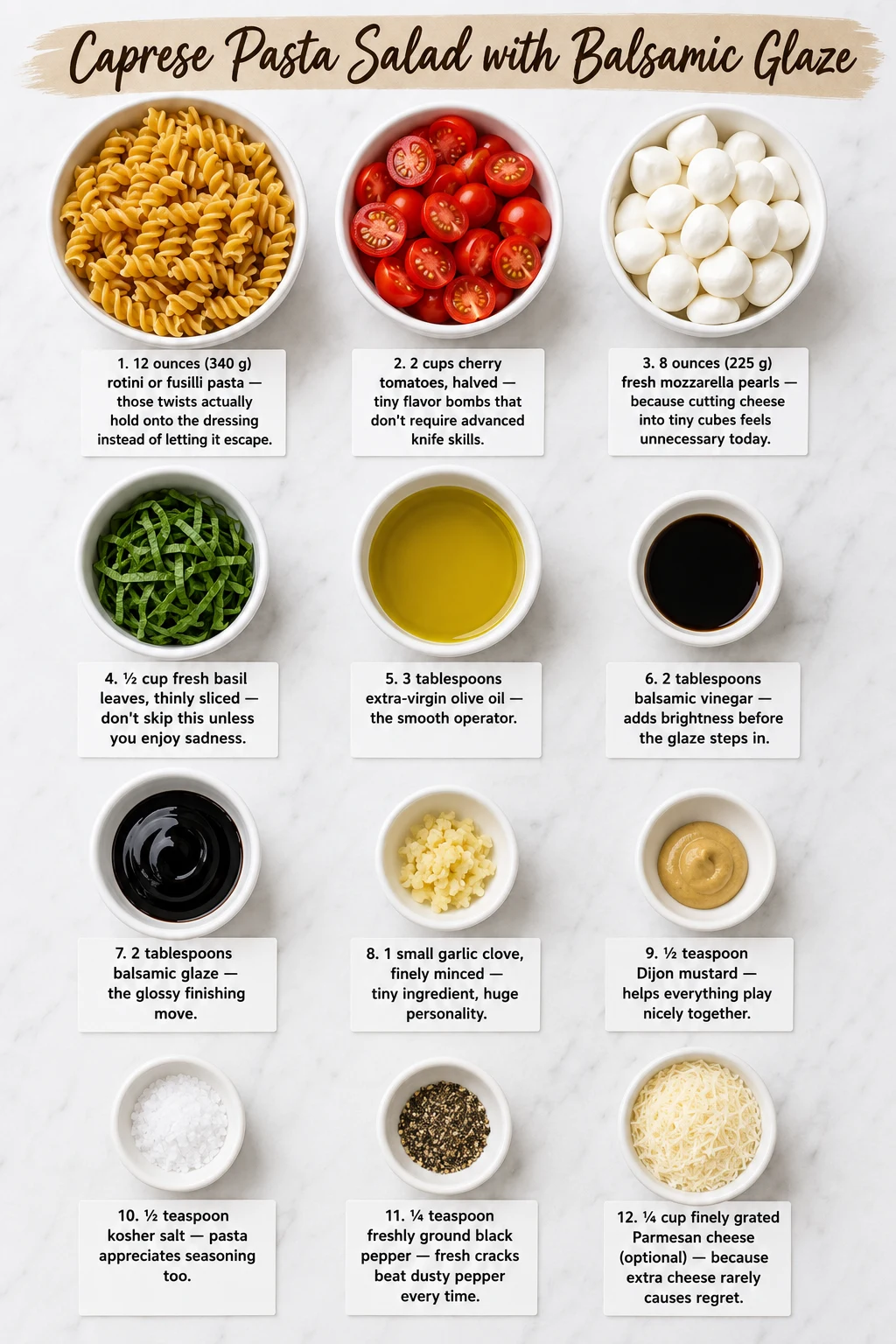 Caprese Pasta Salad with Balsamic Glaze ingredients