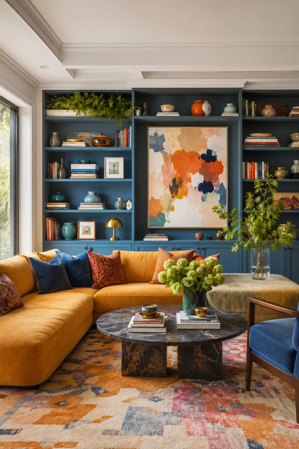 Introduce Color Through Built-In Shelving and Decorative Styling — colorful living room inspiration