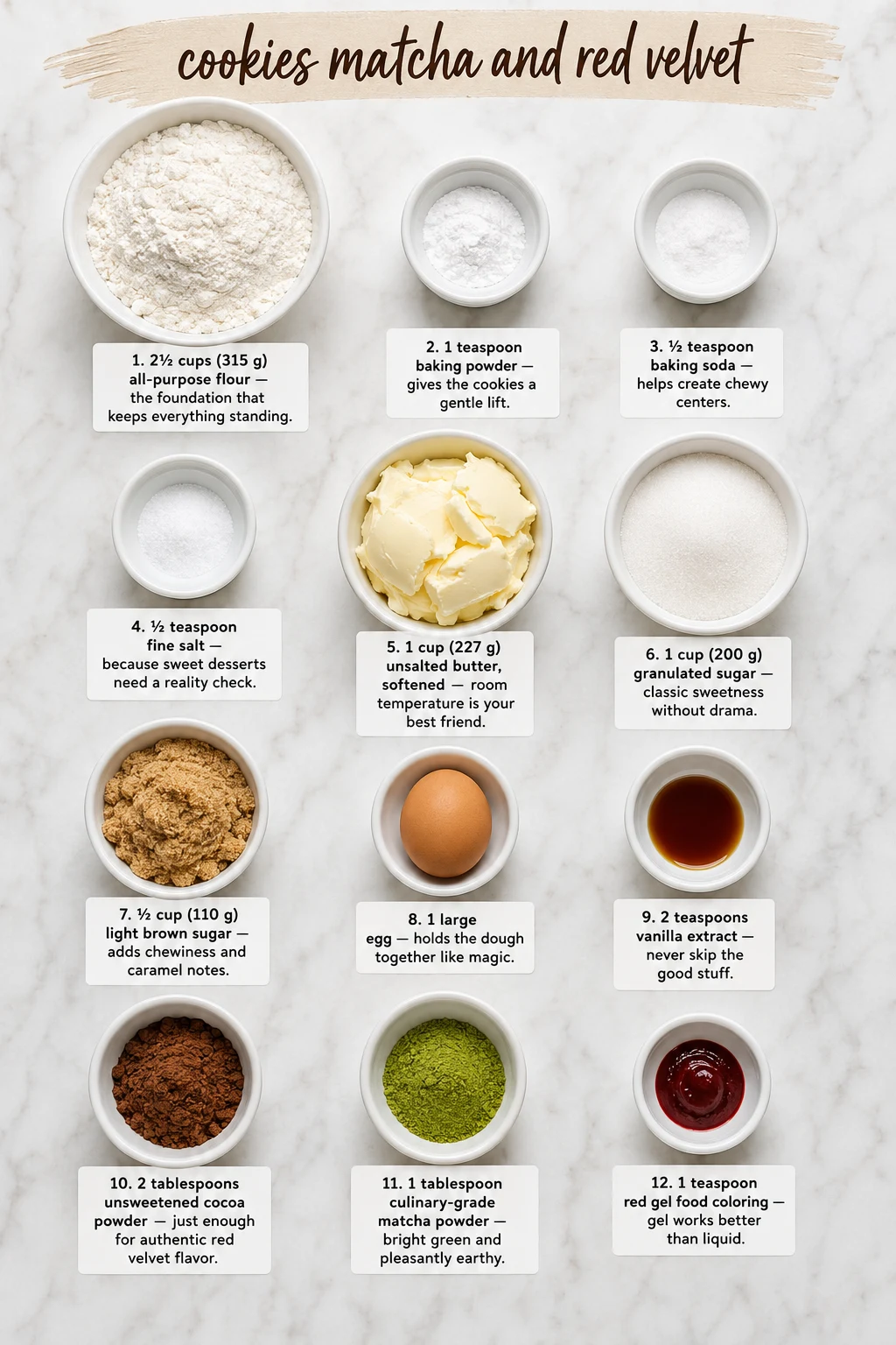 cookies matcha and red velvet ingredients