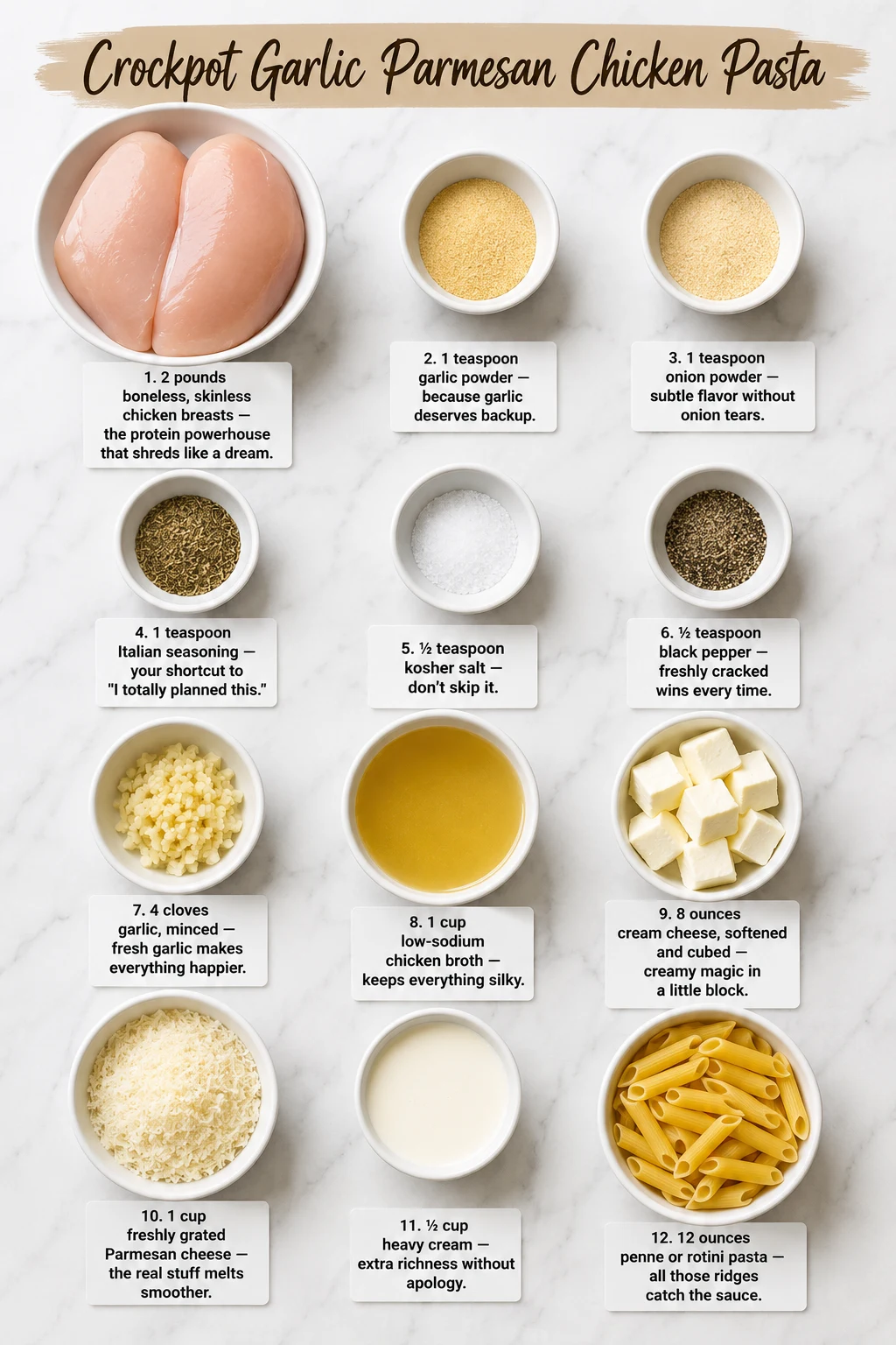 Crockpot Garlic Parmesan Chicken Pasta ingredients