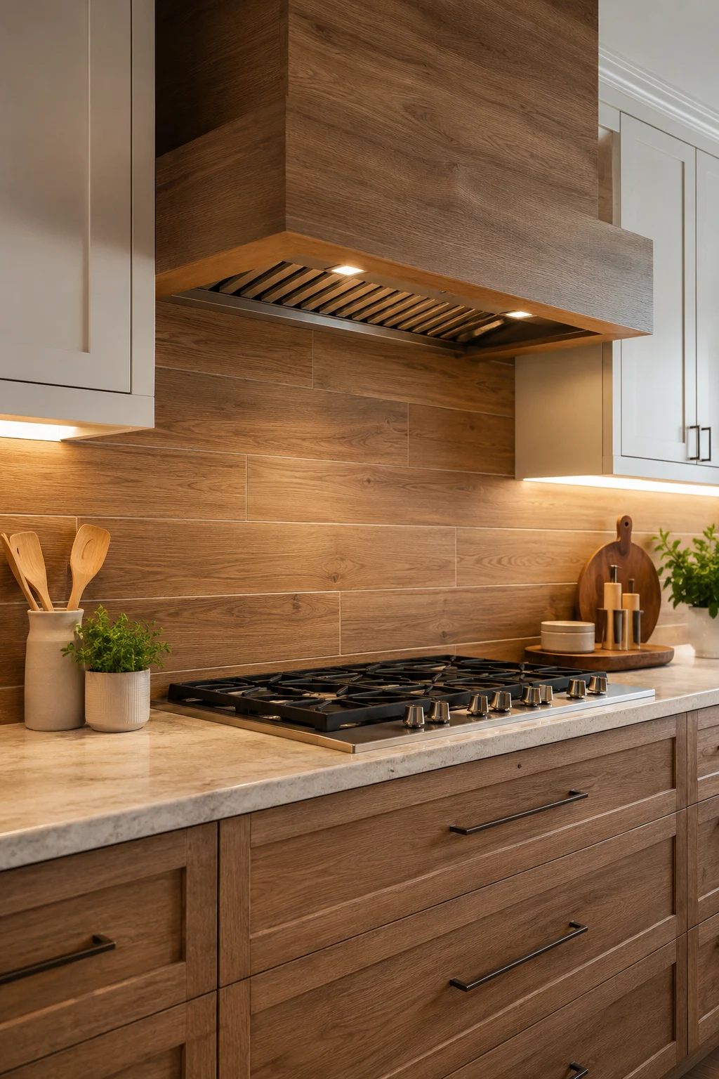 Warm Wood-Look Kitchen Backsplash Ideas with Modern Durability — kitchen backsplash ideas