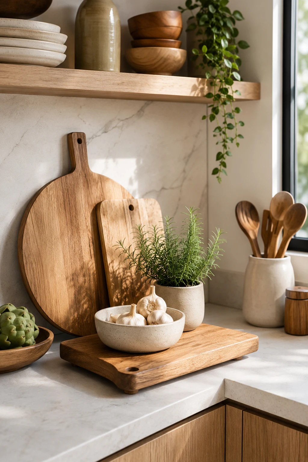 Kitchen Counter Decor Ideas with Natural Wood Layers — kitchen counter decor ideas