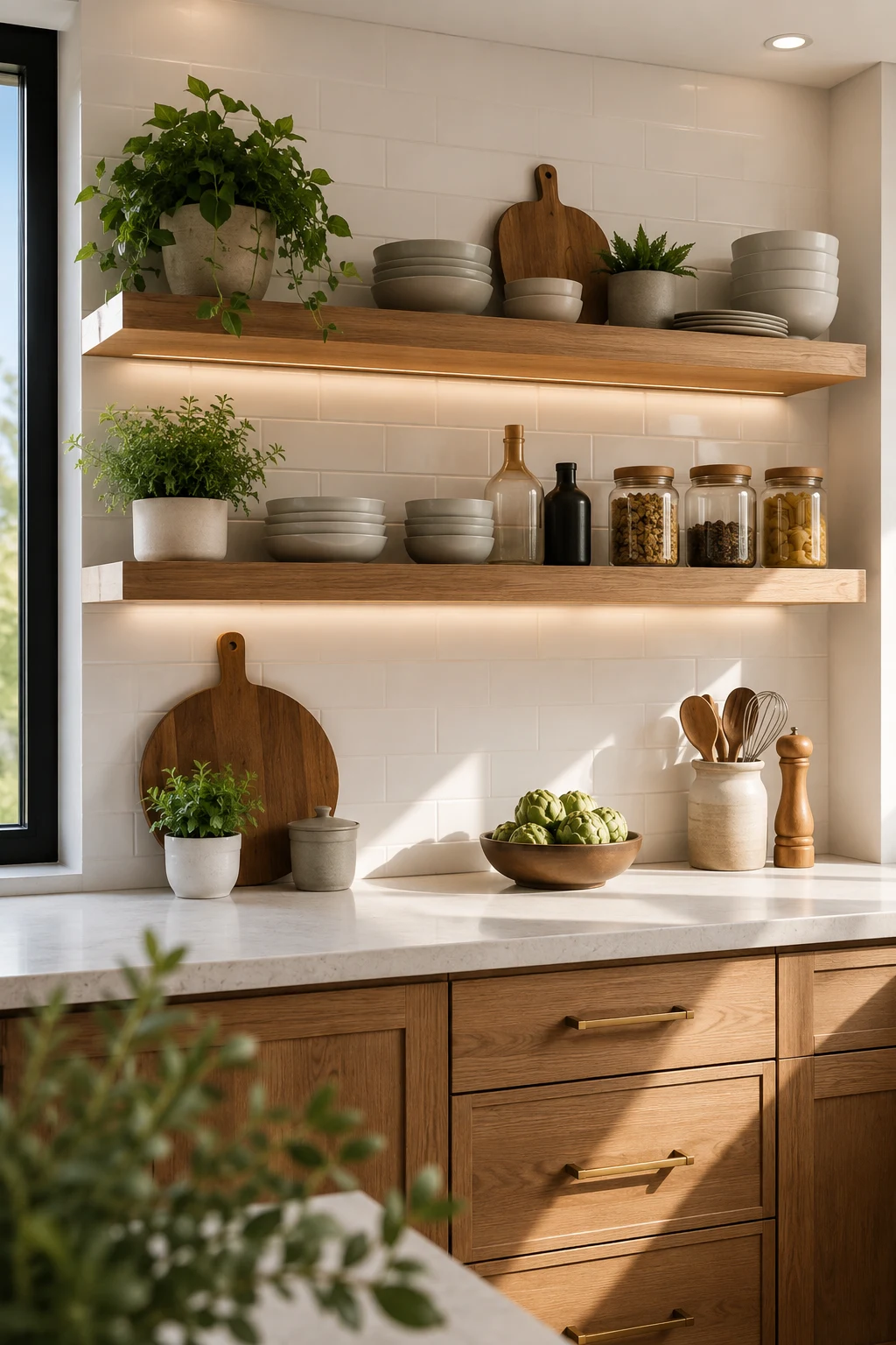 Install Floating Wooden Shelves for Display and Storage — kitchen wall ideas