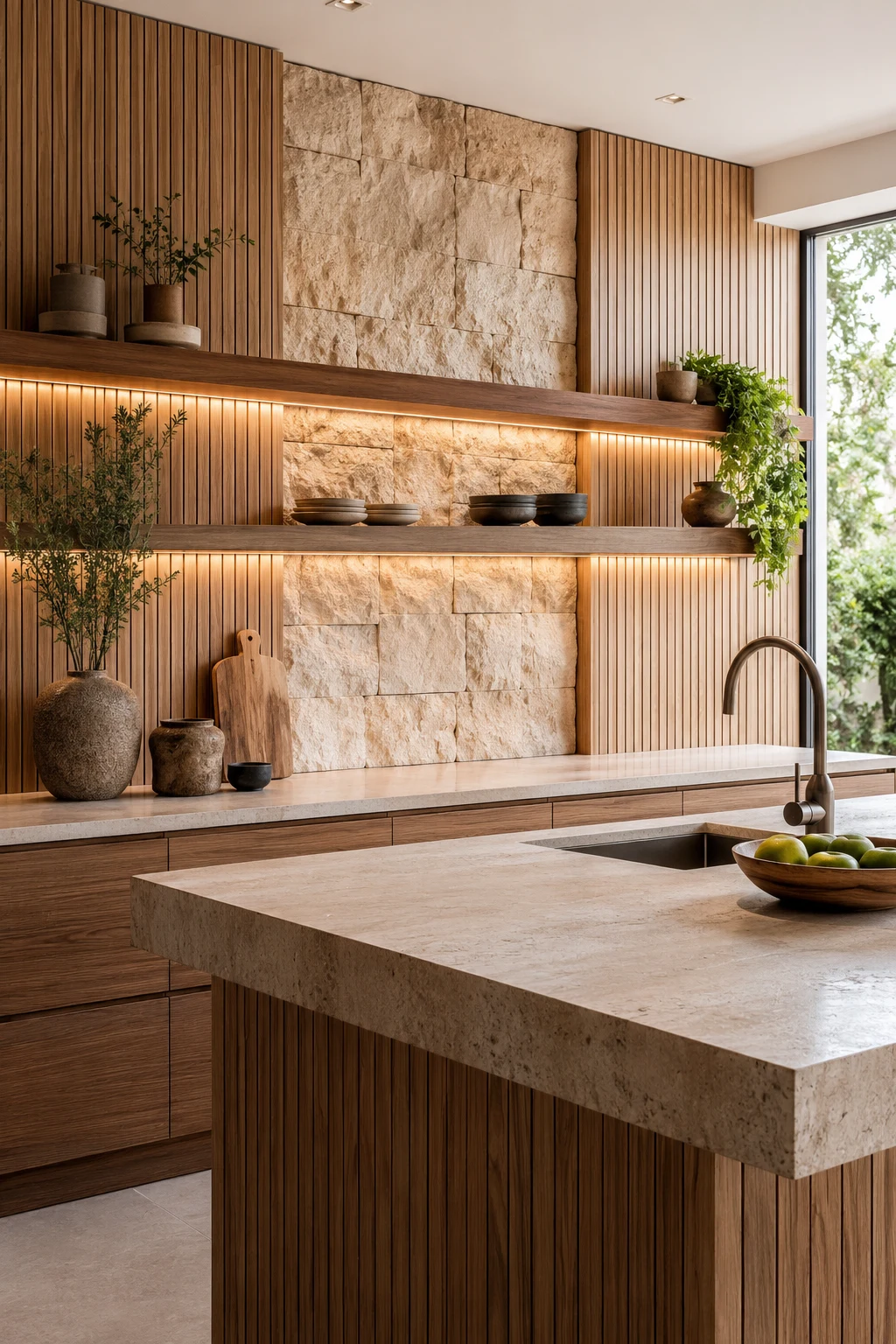 Mix Textured Wall Panels and Natural Materials — kitchen wall ideas
