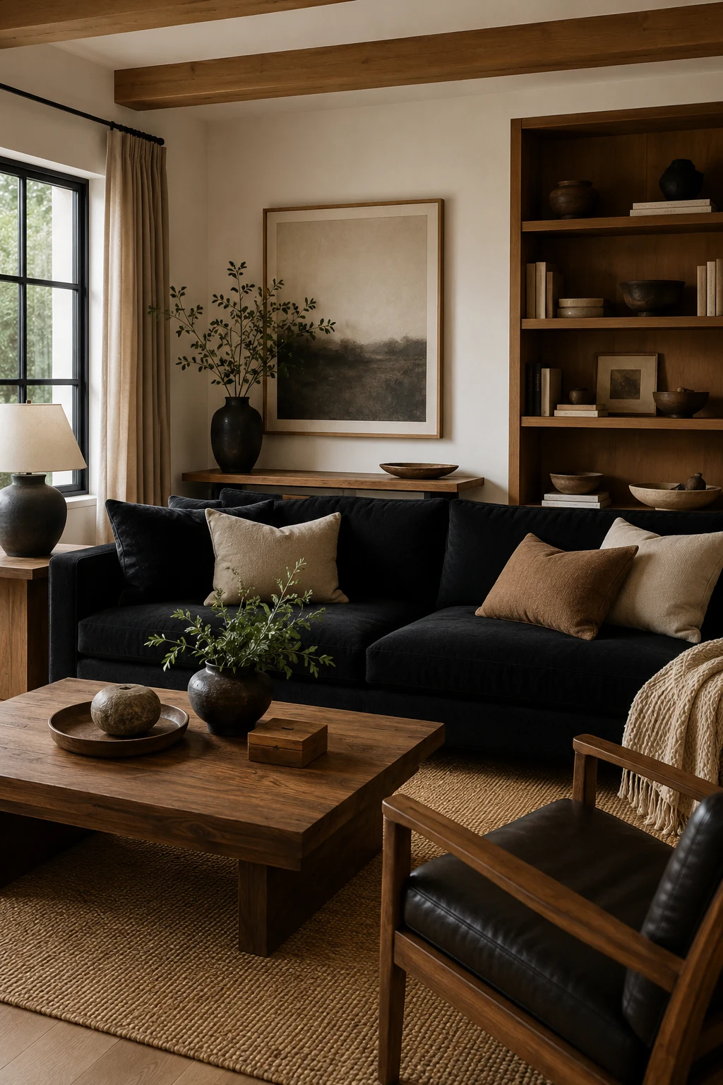 Living Room Inspiration Black Couch with Warm Natural Wood — living room inspiration black couch