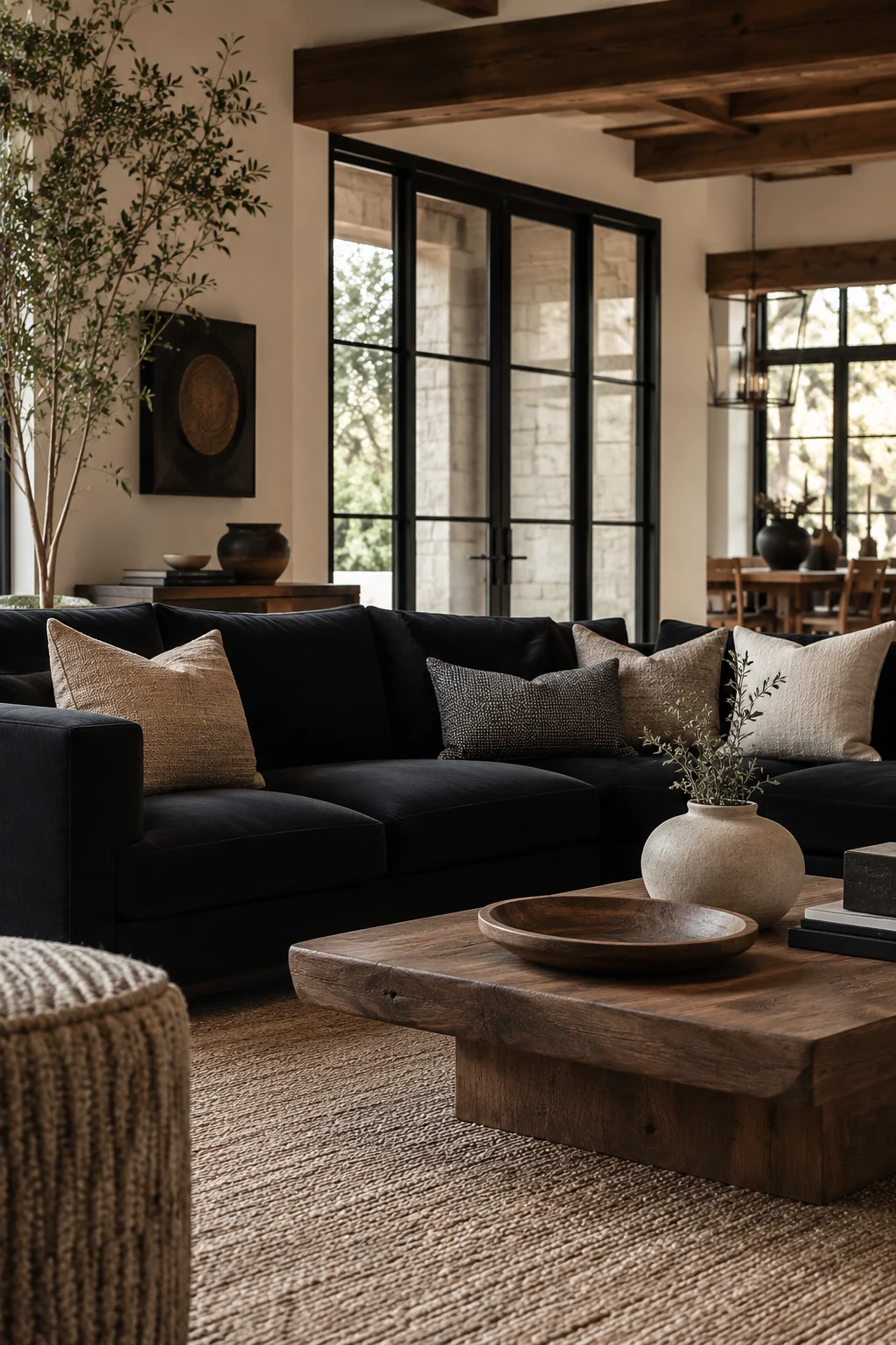 Layer Living Room Inspiration Black Couch with Neutral Textures — living room inspiration black couch