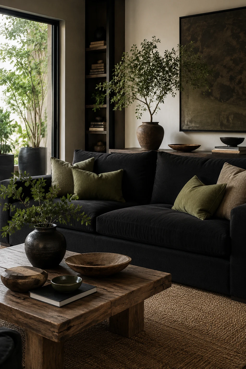 Living Room Inspiration Black Couch with Earthy Green Accents — living room inspiration black couch