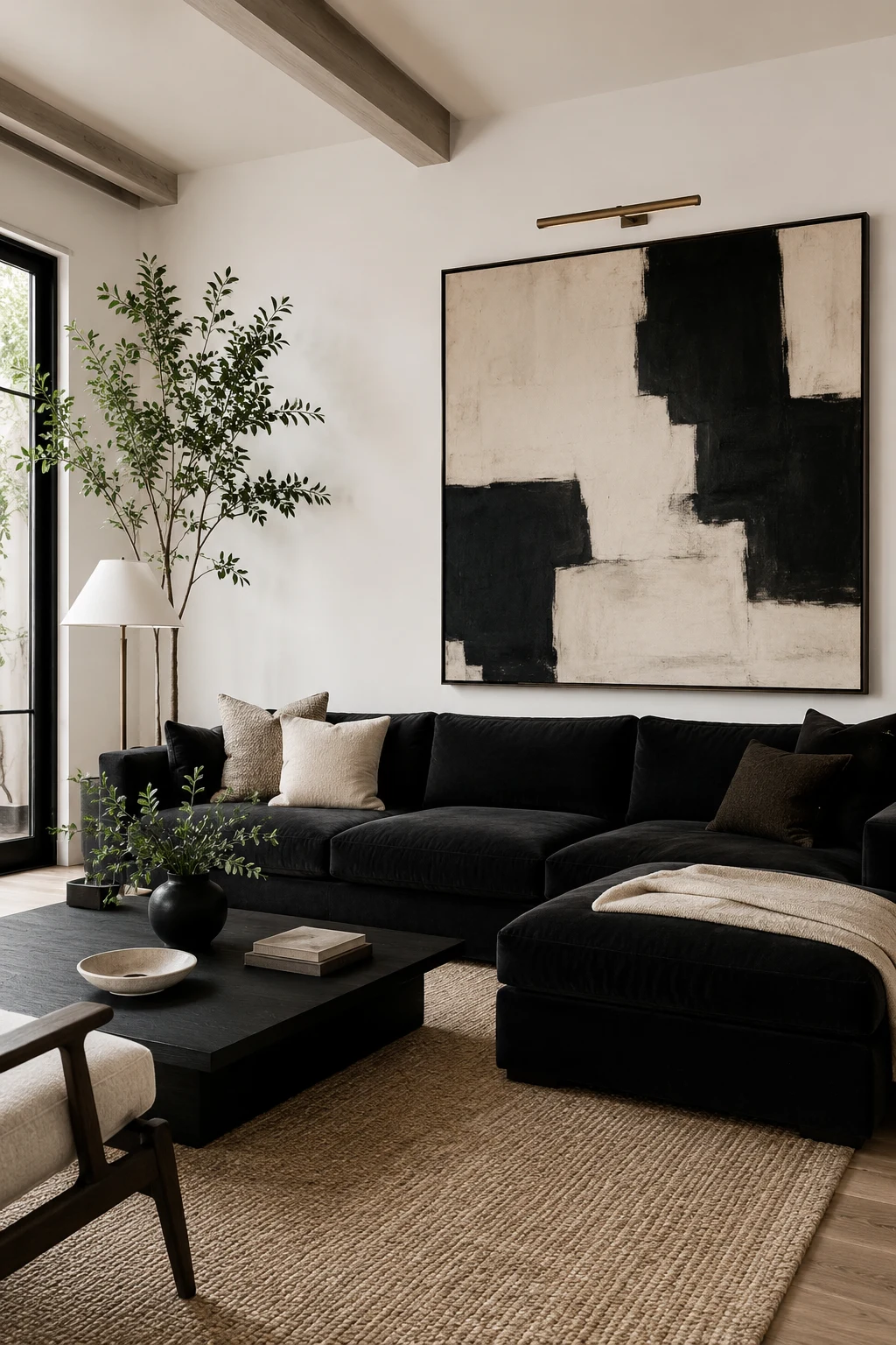 Create Contrast with Light Walls and Oversized Artwork — living room inspiration black couch
