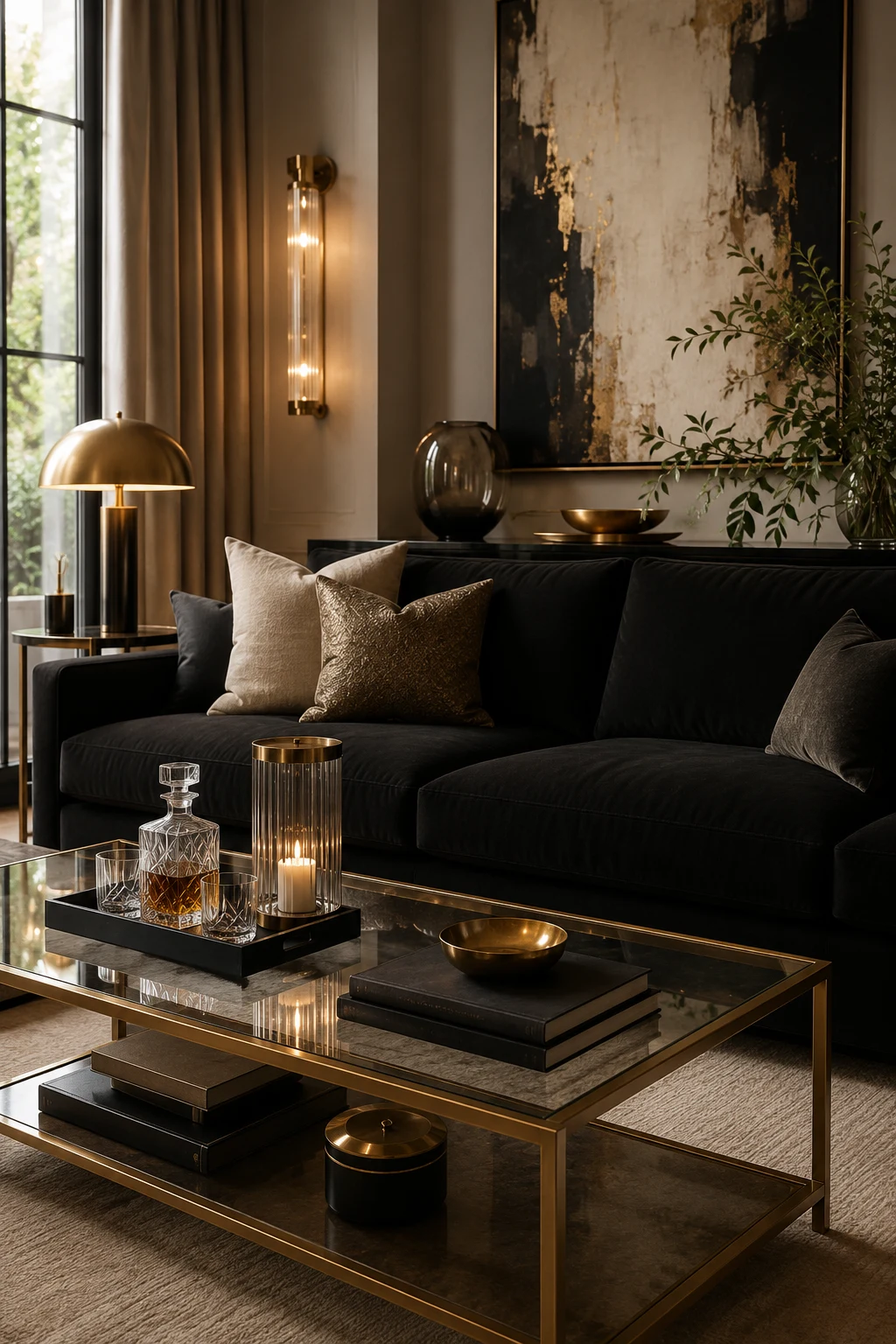 Add Luxury with Brass, Glass, and Soft Lighting — living room inspiration black couch