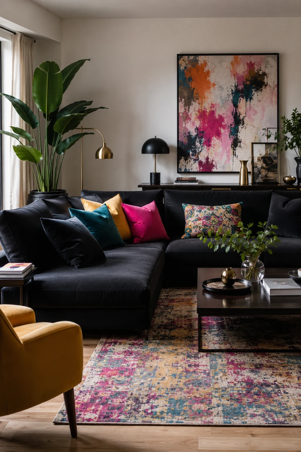 Personalize the Space with Colorful Accents That Can Change Easily — living room inspiration black couch