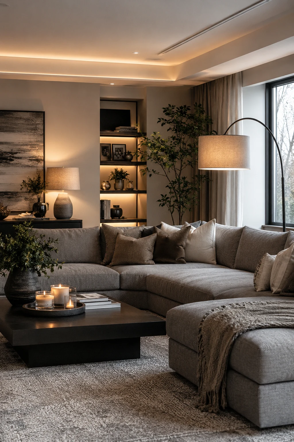 Living Room Inspiration Grey Couch with Layered Lighting — living room inspiration grey couch