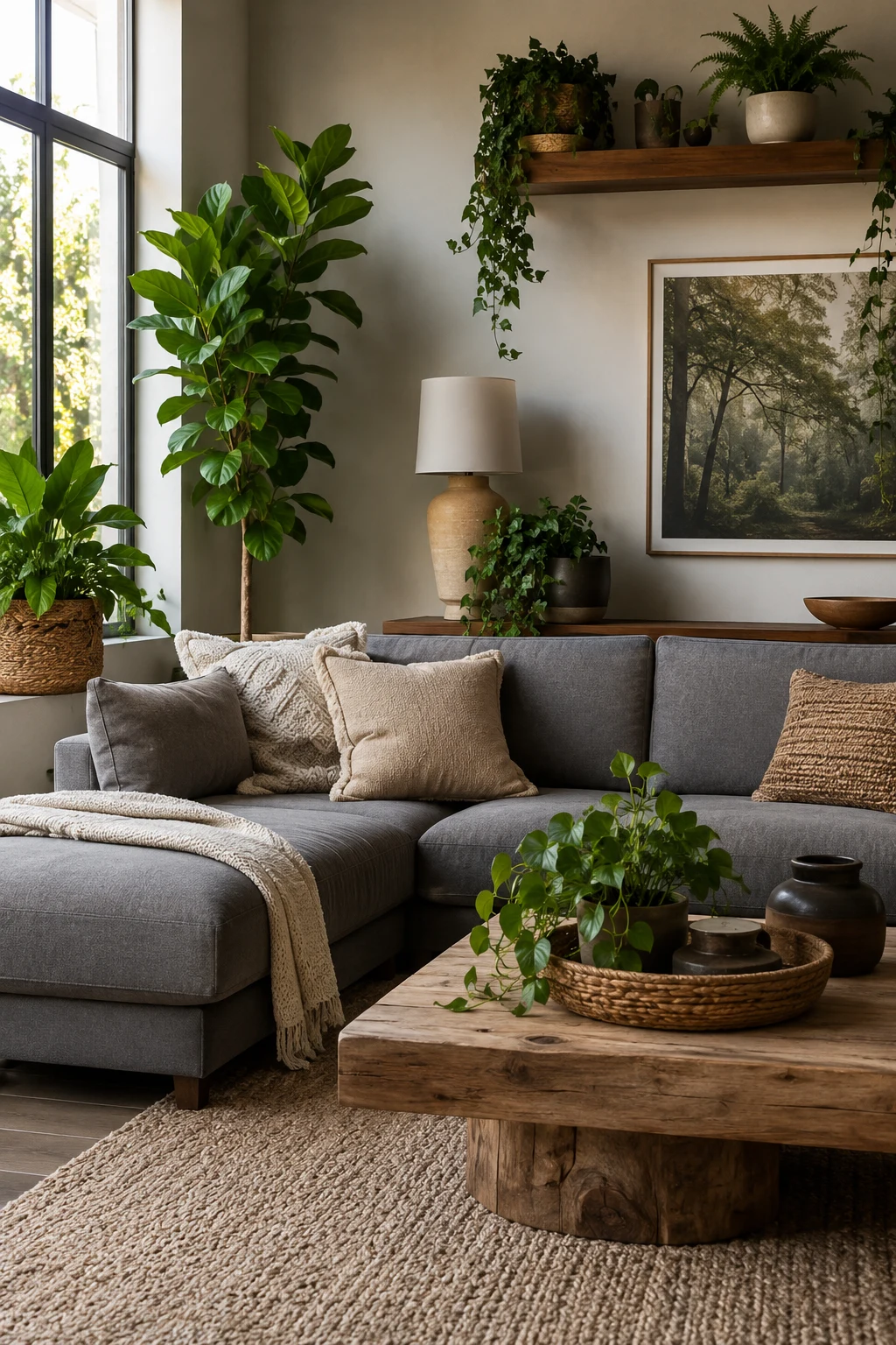 Bring Nature Indoors with Plants and Organic Materials — living room inspiration grey couch