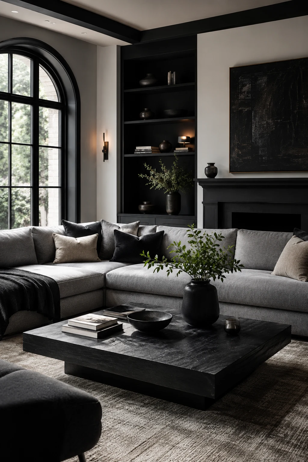 Create Bold Contrast with Black Details — living room inspiration grey couch