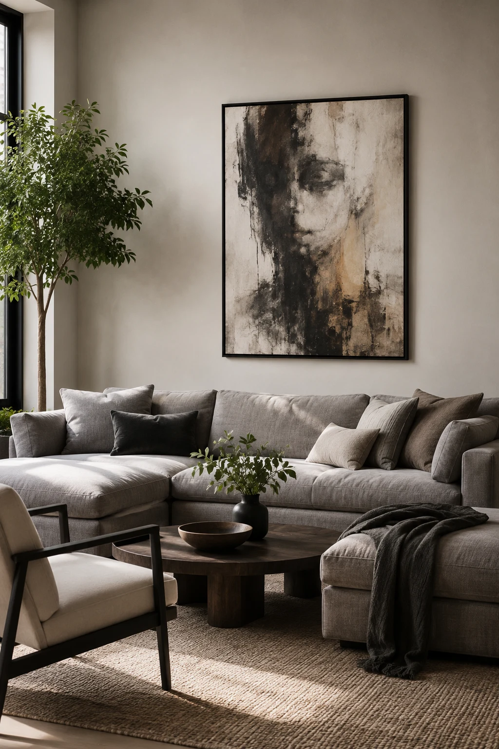 Display Meaningful Artwork Instead of Filling Every Wall — living room inspiration grey couch