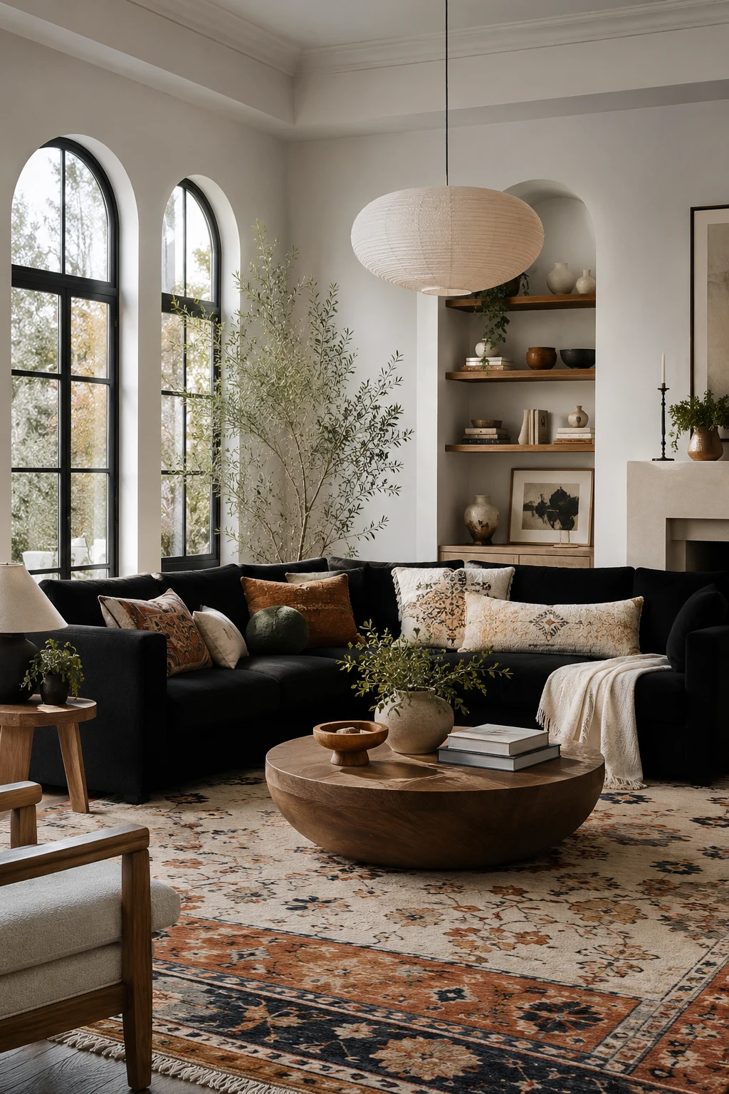 Brighten a Living Room With a Black Sofa — living room rug inspiration