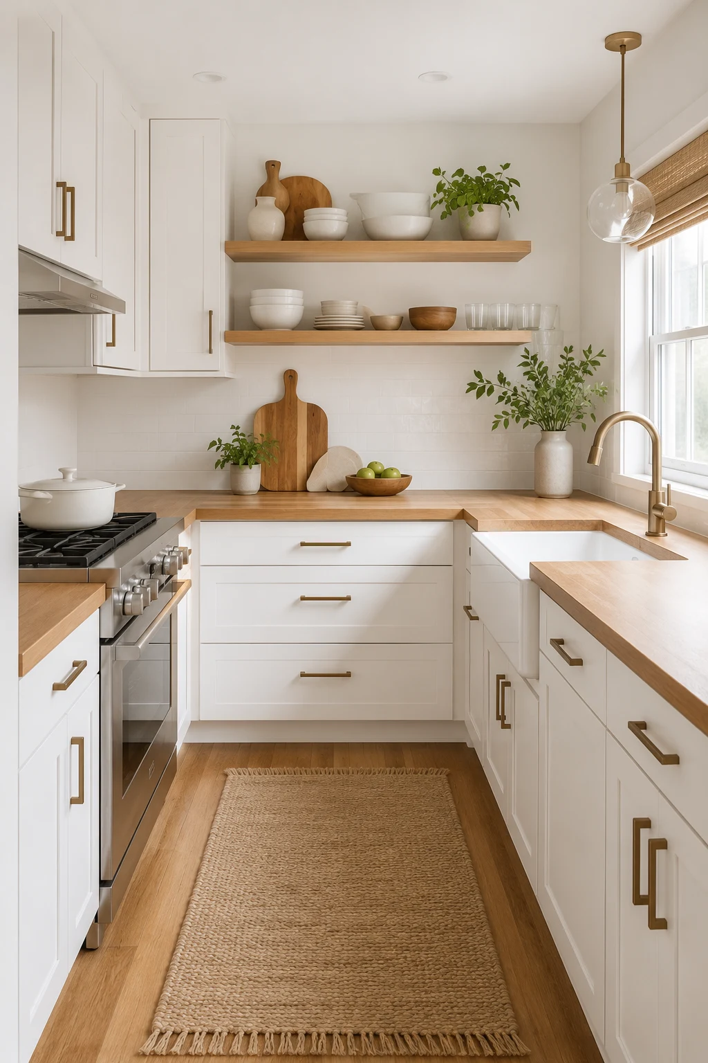 Bright White Cabinets with Warm Wood Accents — mini kitchen ideas
