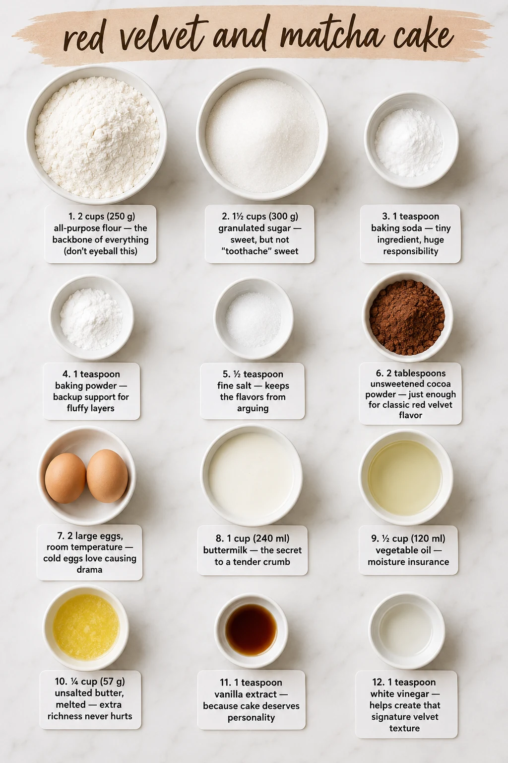 red velvet and matcha cake ingredients
