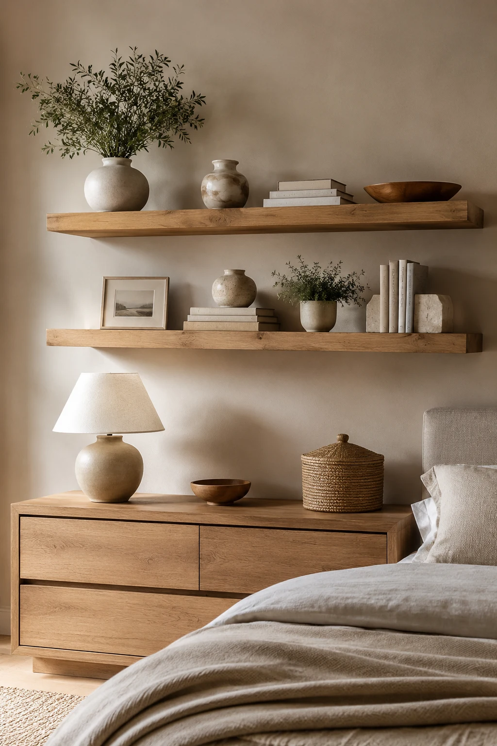 Layer Natural Wood with Soft Neutral Accessories for Timeless Bedroom Shelf Decor — bedroom shelf decor