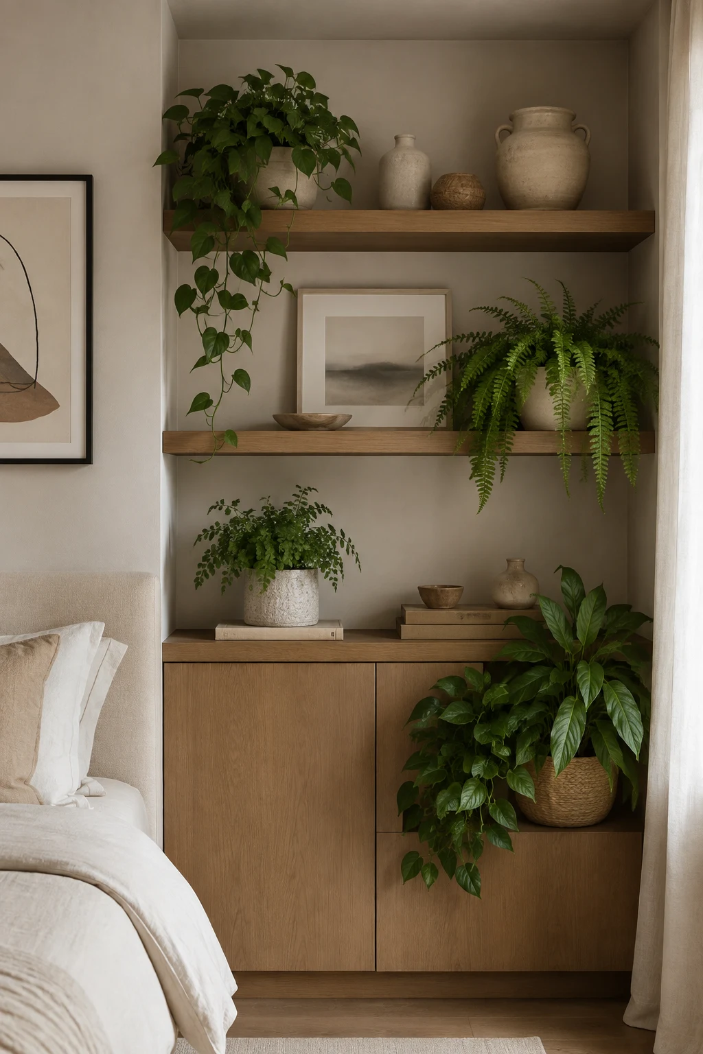 Bring Life to Bedroom Shelf Decor with Easy-Care Greenery — bedroom shelf decor