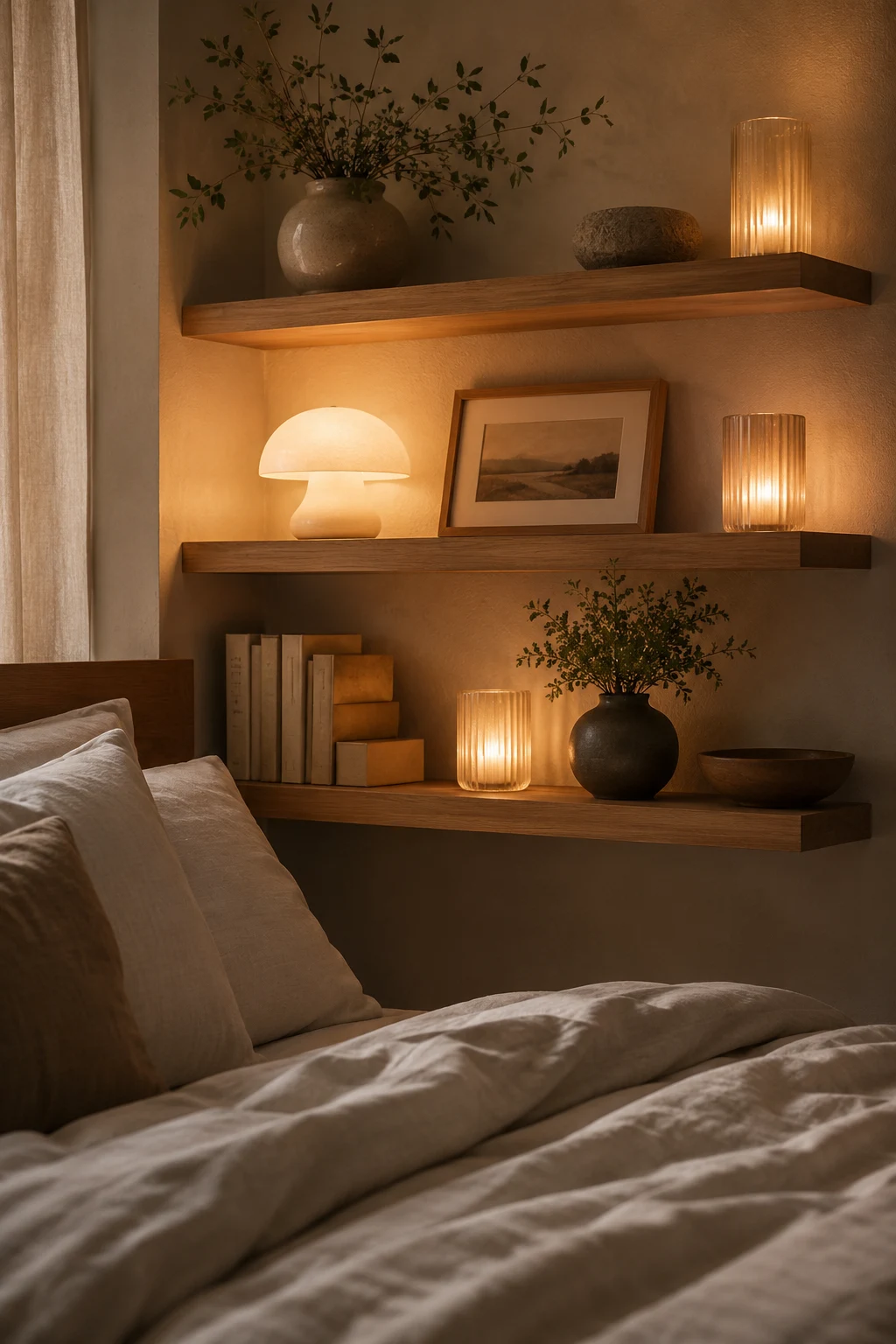 Add Warm Lighting for Cozy Evening Bedroom Shelf Decor — bedroom shelf decor