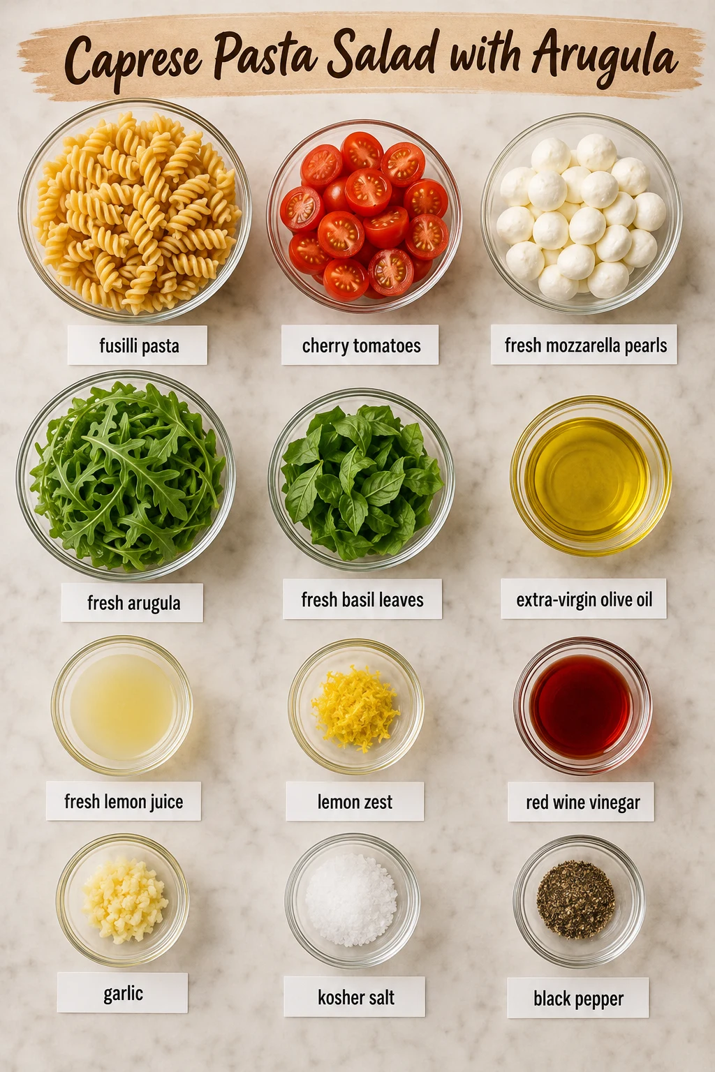 Caprese Pasta Salad with Arugula ingredients Caprese Pasta Salad with Arugula ingredients