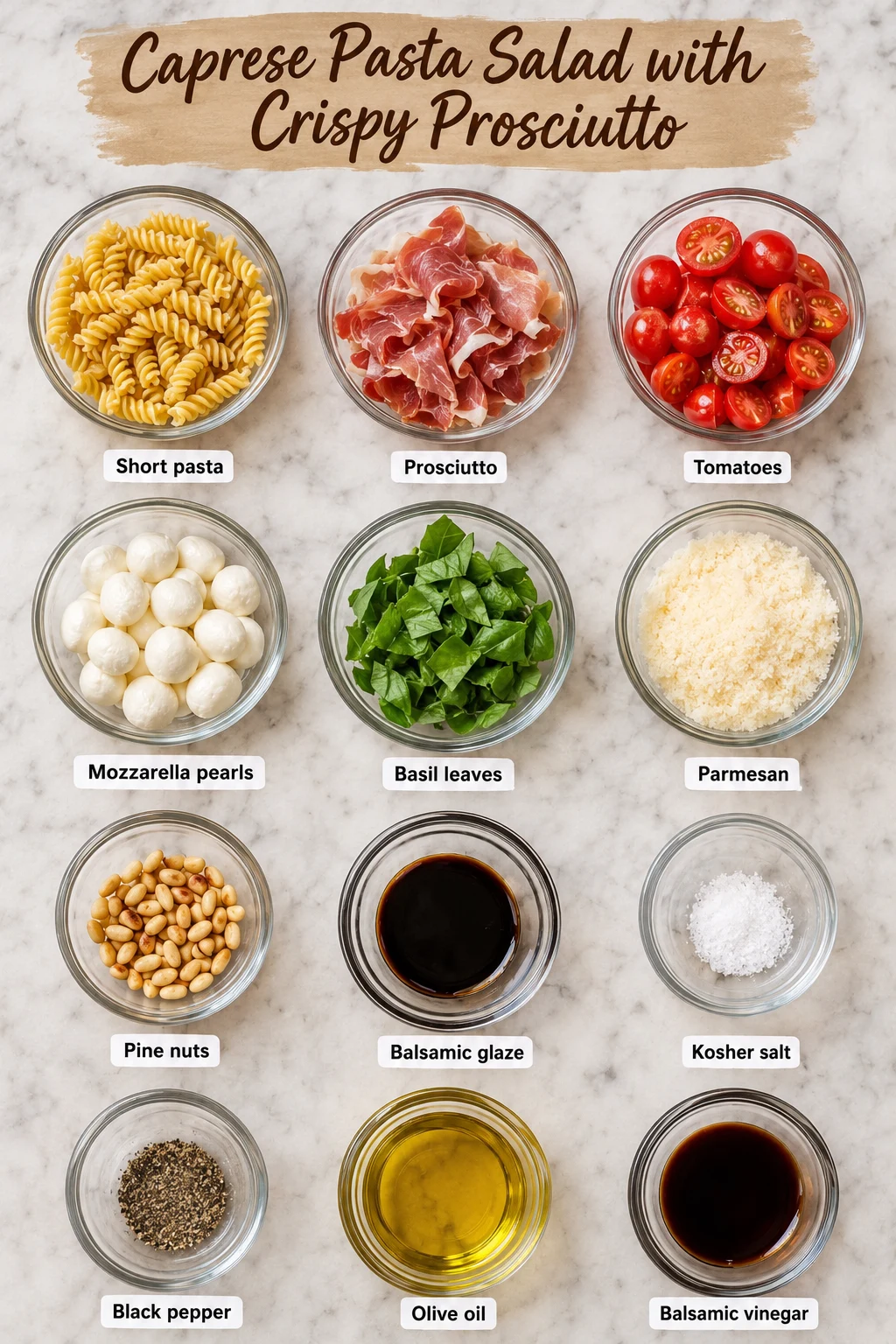 Caprese Pasta Salad with Crispy Prosciutto ingredients Caprese Pasta Salad with Crispy Prosciutto ingredients