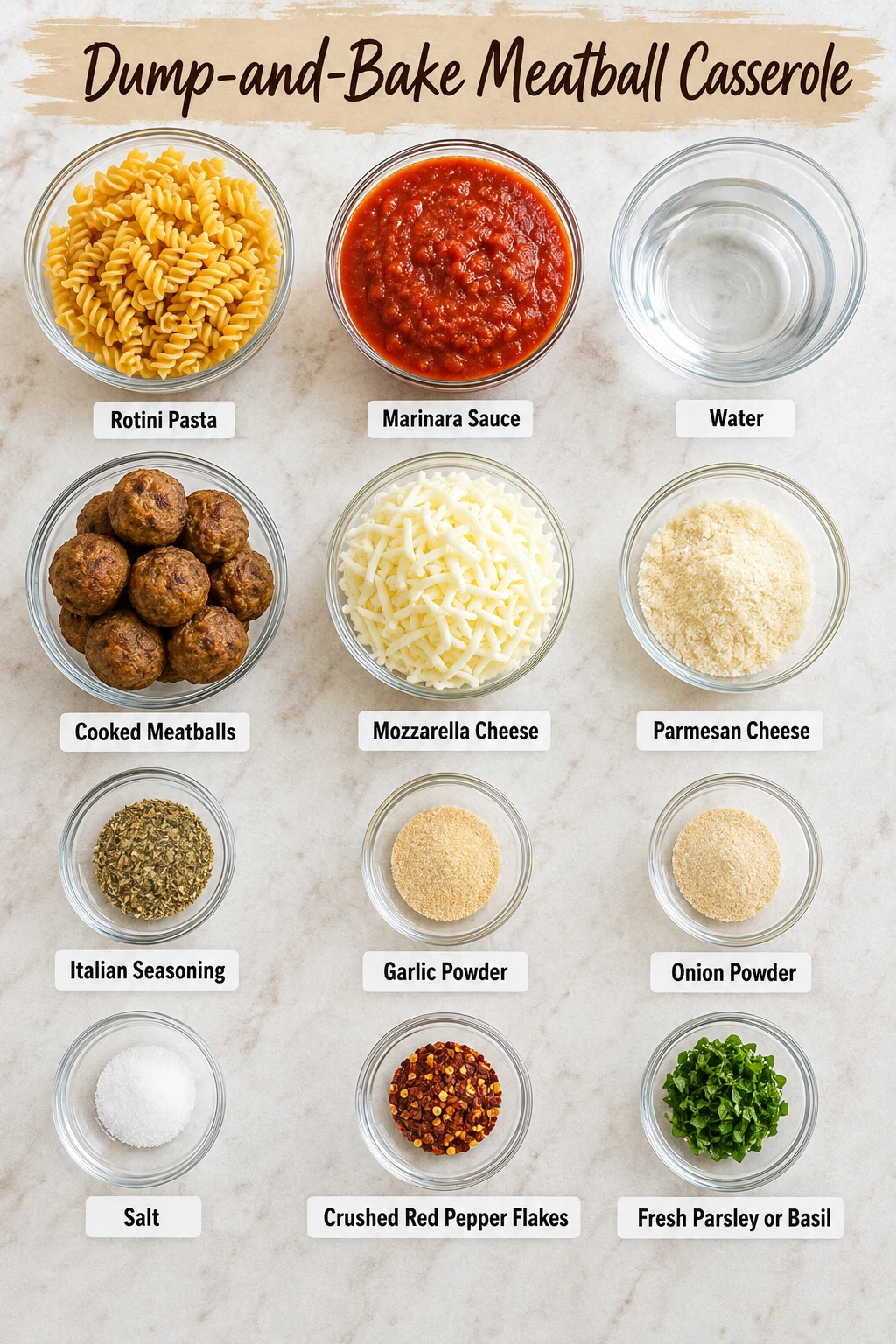 Dump-and-Bake Meatball Casserole ingredients