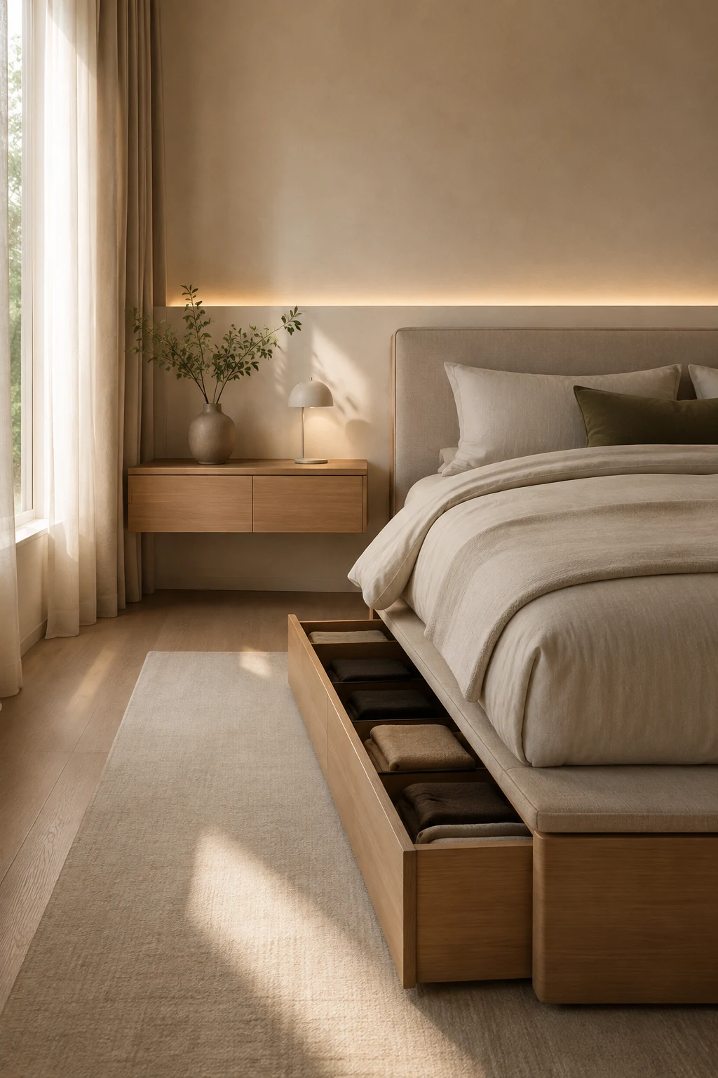 Keep Surfaces Intentionally Clear with Hidden Storage — minimalist bedroom decor