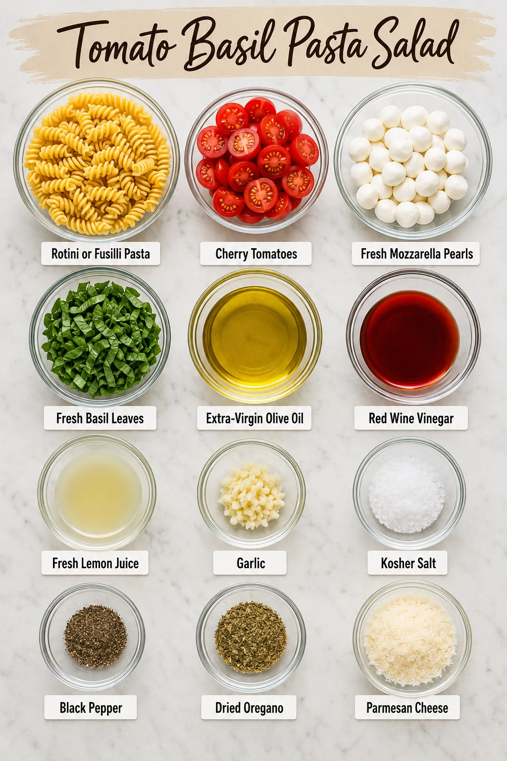 Tomato Basil Pasta Salad ingredients